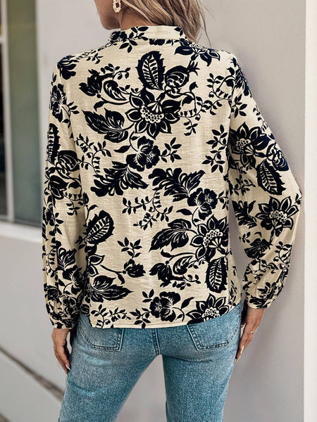 Floral Print Blouse with Pintuck Detail and Split Neckline: Beige / M