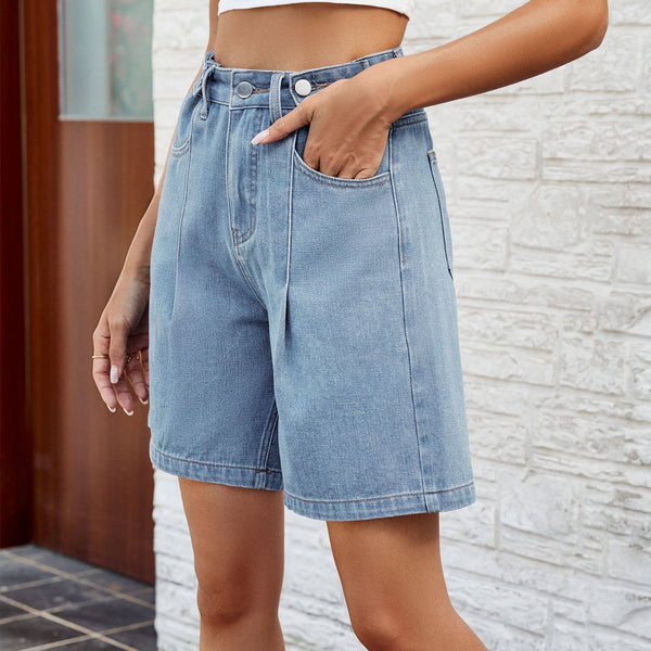 Denim High Waist Button Detail Shorts: Blue / S