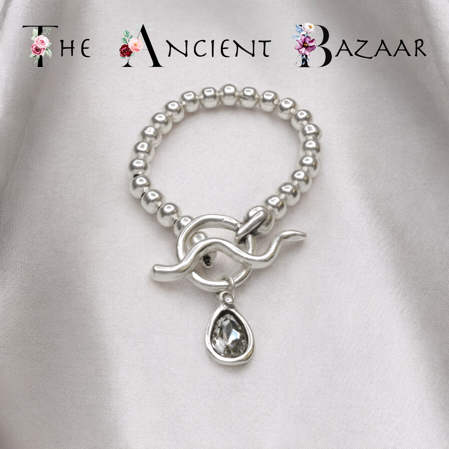 Pewter Bracelet with Clear Teardrop Pendant