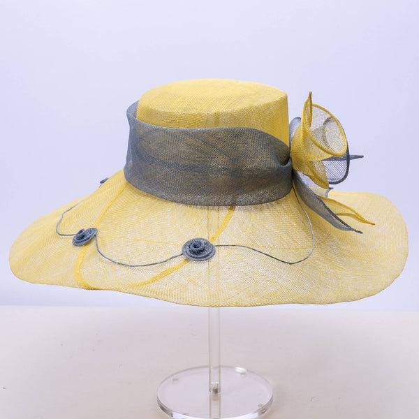 Two tone  Callalily Adorned Wide Soft Sinamay Hats | 117138: Yellow/Blue Ice