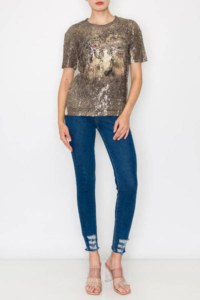 LINED ALL SEQUIN SHORT SLEEVE TOP-4638 GOLD/RODEO: Rodeo / XL