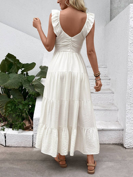 Sleeveless Ruffle Strap Tiered Maxi Dress: White / L
