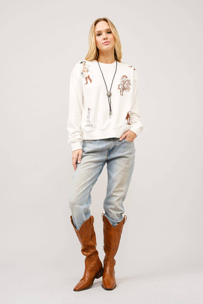 23230T - Western Motif Embroidered Graphic Sweatshirt: OFF WHITE / M