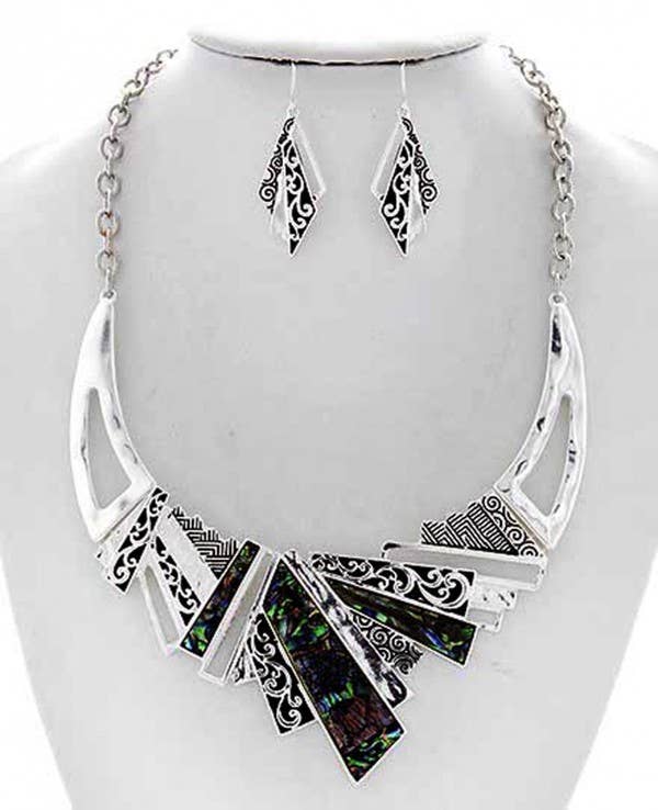 FR2863 Abalone Filigree Bib Style Metal Necklace Set