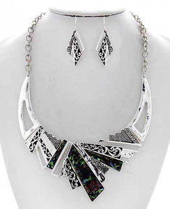 FR2863 Abalone Filigree Bib Style Metal Necklace Set