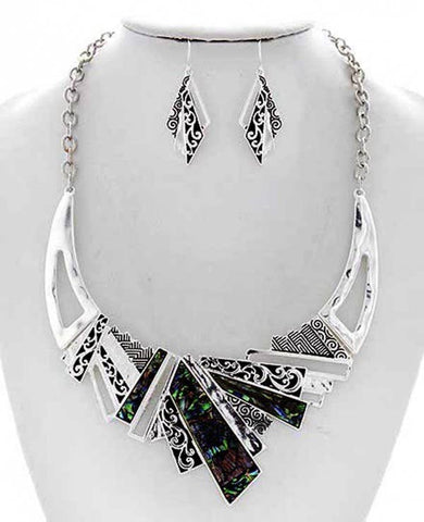 FR2863 Abalone Filigree Bib Style Metal Necklace Set