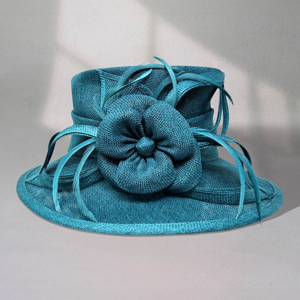 Flower Ribbon Feather Accented Sinamay Dressy Hat: Camel