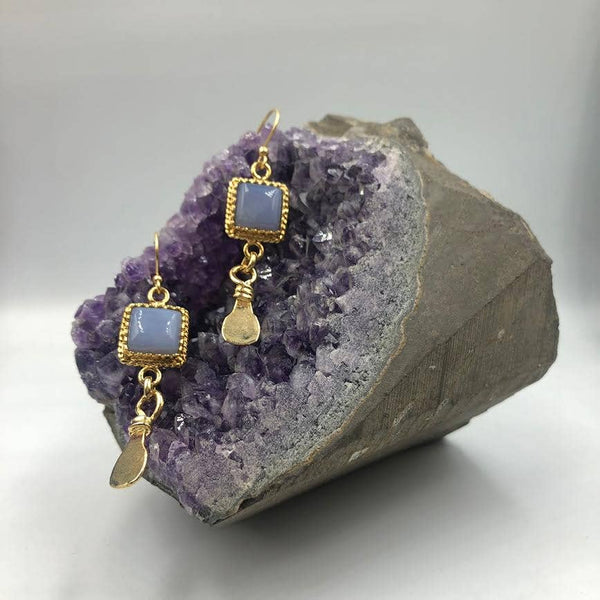 Hand-cut Gem Stone Drop Earrings, gold plated: Quartz