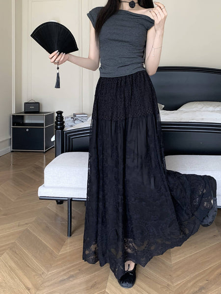 Elegant Lace Maxi Skirt with Layered Design SK201: White