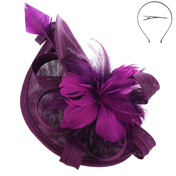 SINAMAY FEATHER FASCINATOR WITH HEADBAND AND CLIP HTH2699: Bk