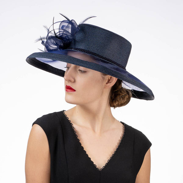 301886 Ribbon Bow Crinoline Brim Poly Straw Hats: PP / NAVY