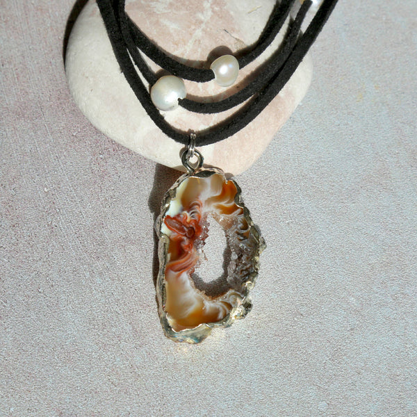 Cultured Pearl Leather Choker Necklace with Geo Pendant
