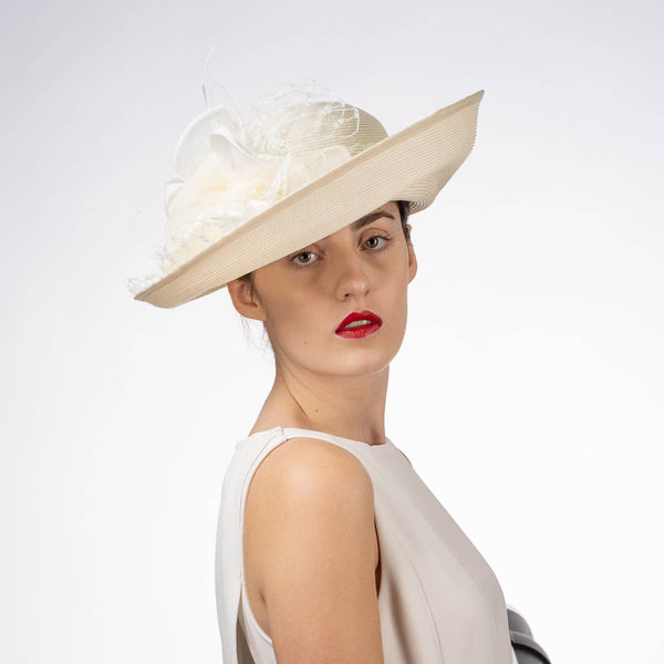 301902 Silk Flower Veil Poly Straw Church Hats: PP / IVORY