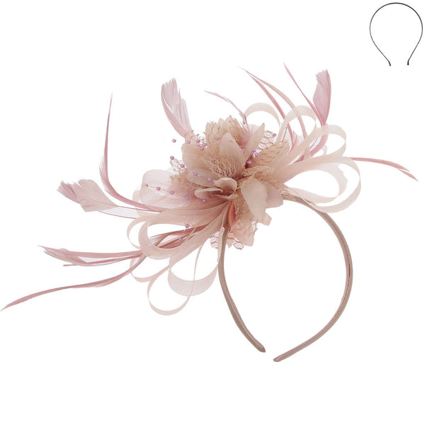 Floral Fascinator Headband w/ Side Loops & Feathers: White