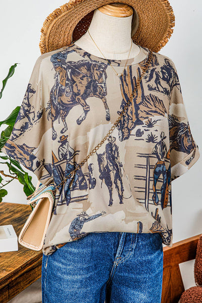Cowboy Print Cuffed Sleeve T Shirt