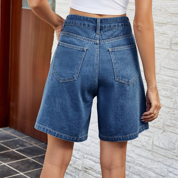 Denim High Waist Button Detail Shorts: Blue / S
