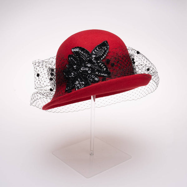 400802 Veil Cloche Wool Felt Women's Dress Hats: RED/BLACK / Felt