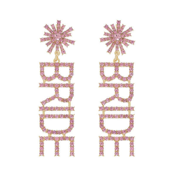 Rhinestone Pave Star Post "Bride" Long Dangle Earrings: Clear Silver