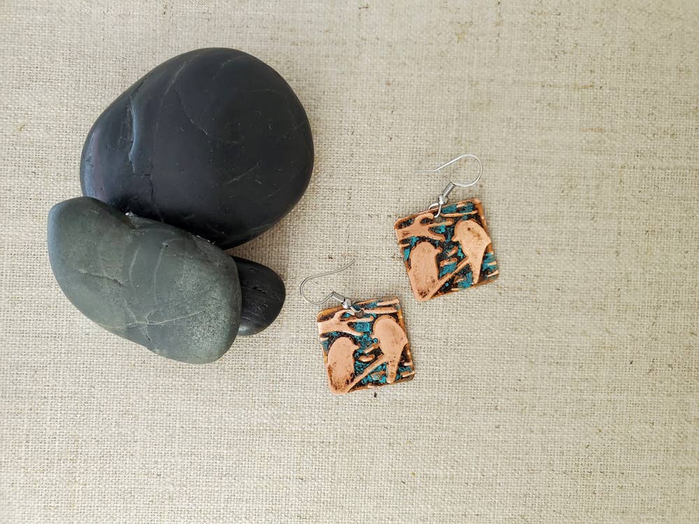 Natural Patina Emboss Small Square Copper Bird Earrings