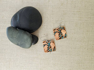 Natural Patina Emboss Small Square Copper Bird Earrings