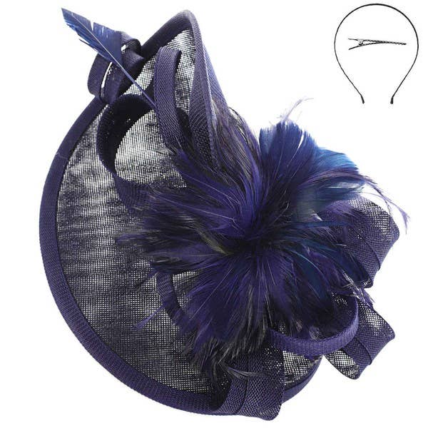 SINAMAY FEATHER FASCINATOR WITH HEADBAND AND CLIP HTH2699: Bk
