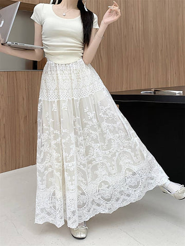 Elegant Lace Maxi Skirt with Layered Design SK201: White