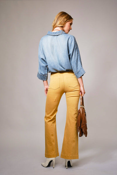36901T - Hi-Low Pearl Embellished Chambray Top: MED WASH / M