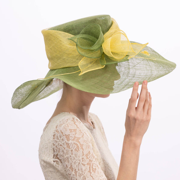 Two tone  Callalily Adorned Wide Soft Sinamay Hats | 117138: Yellow/Blue Ice