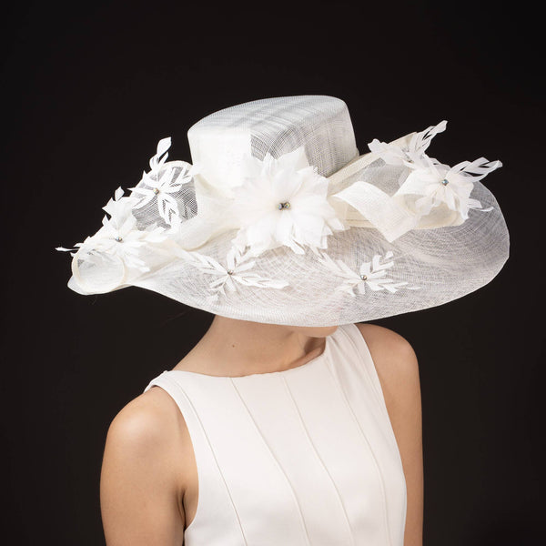 AJ599S Embellished Feather Twist Bow Wide Brim Sinamay: BLACK