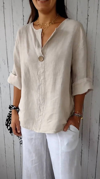 Women's V-neck Button-down T-shirt: Red / M