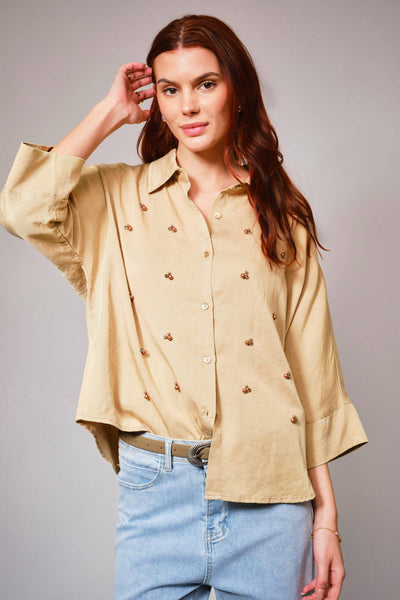 36901T - Hi-Low Pearl Embellished Chambray Top: MED WASH / S