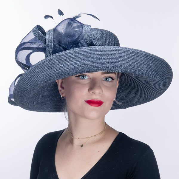 331744 Black Feather Bow Metallic Turn Up Hats: NAVY / Metallic