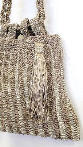 CROCHET VICTORIAN BEADED TASSEL BAG: Silver