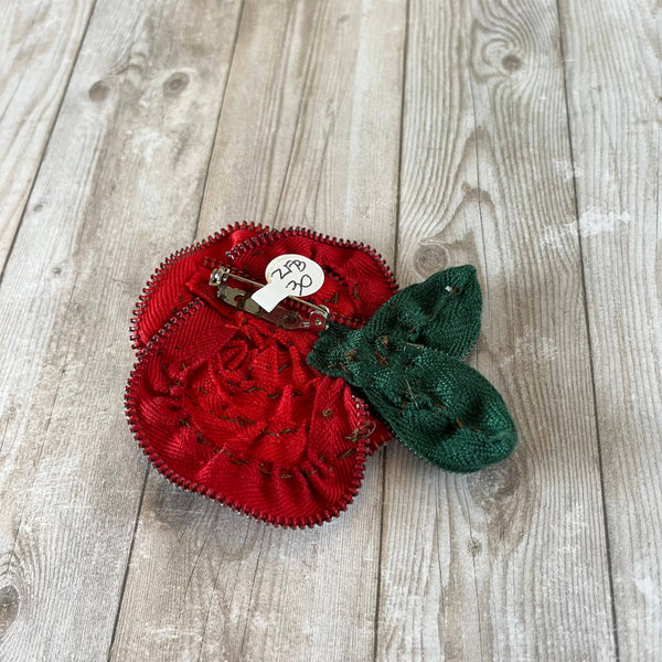 OOAK Vintage Zipper Flower Brooch Red Rose