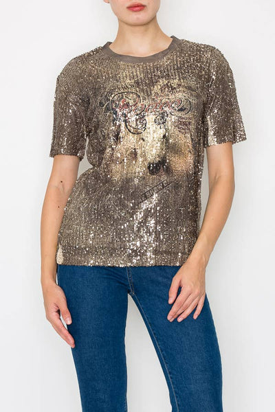 LINED ALL SEQUIN SHORT SLEEVE TOP-4638 GOLD/RODEO: Rodeo / M