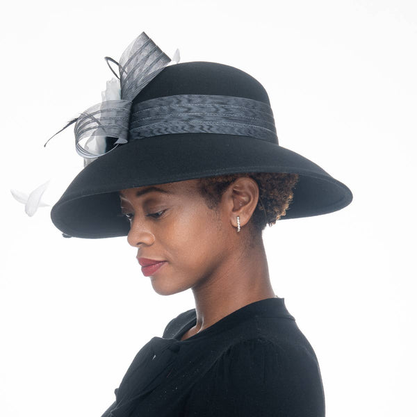 400783 Silk Flower Bow Down Brim Wool Felt Hats: IVORY / Felt