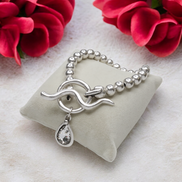 Pewter Bracelet with Clear Teardrop Pendant