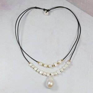Cultured Pearl and Leather Double Strand Necklace