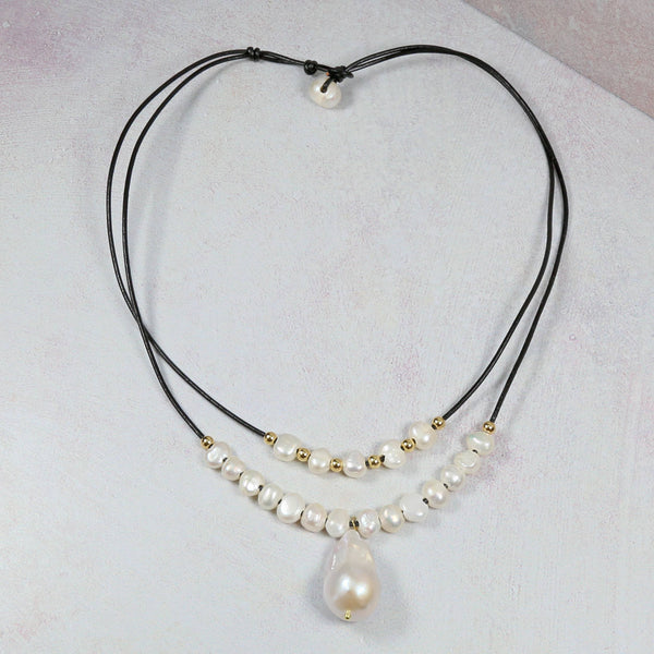 Cultured Pearl and Leather Double Strand Necklace
