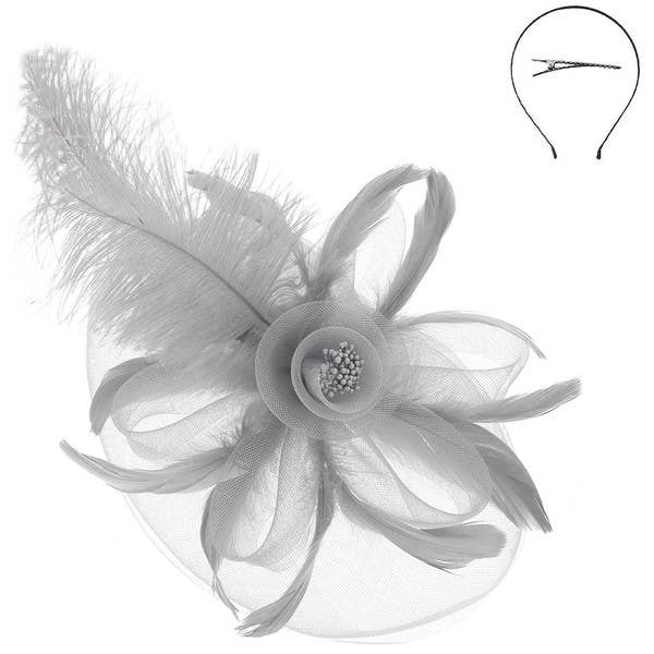 DERBY PEACOCK FEATHER ROSE FASCINATOR HEADBAND HTH2683: Gy