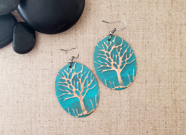 Large Oval Embossed Tree Paint Patina Earrings: Navy