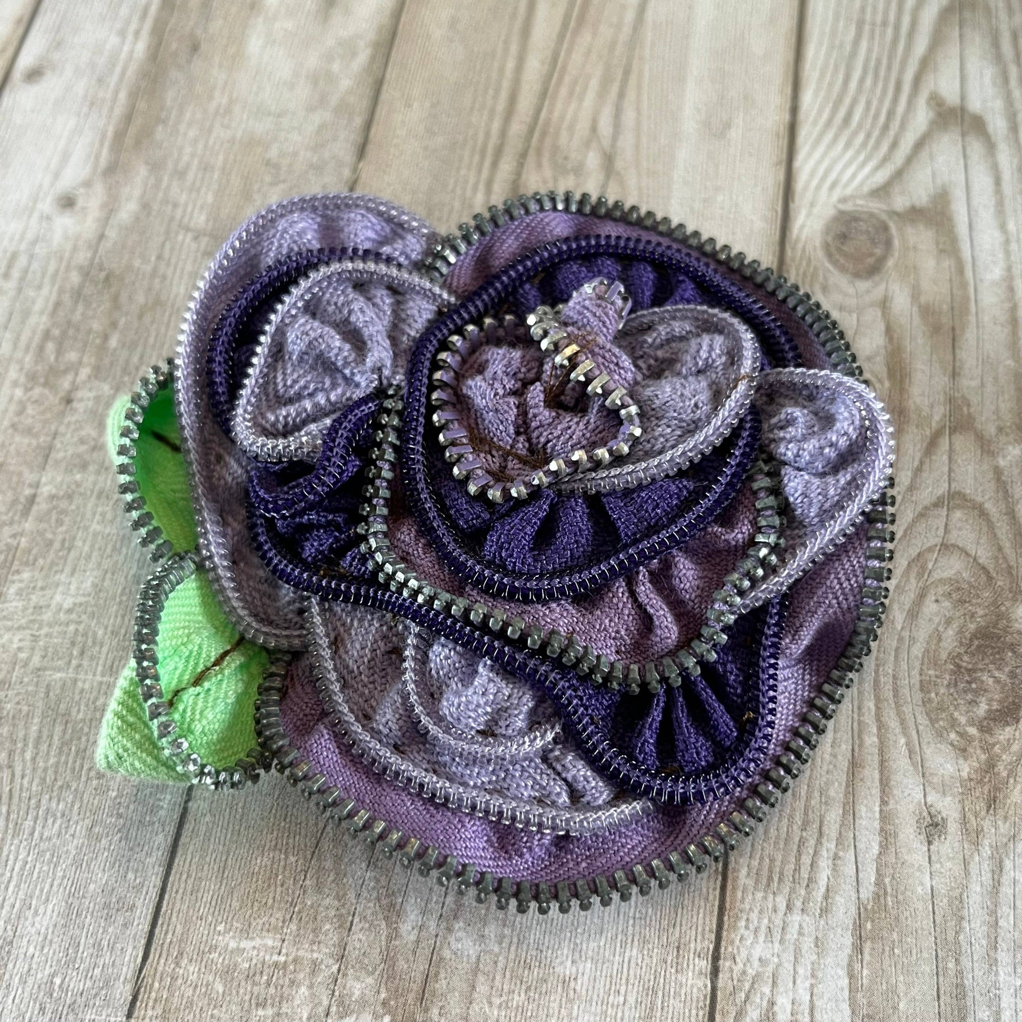OOAK Vintage Zipper Flower Brooch Purple Lavender