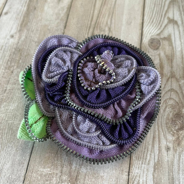 OOAK Vintage Zipper Flower Brooch Purple Lavender