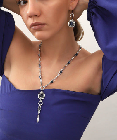 Jewelry Set with Blue Crystal Chain Necklace and Earrings: Silver / Brass