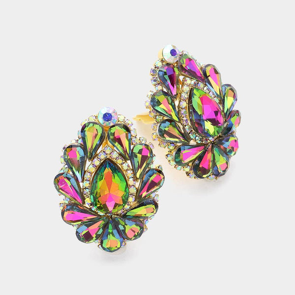 Teardrop Crystal Cluster Clip on Evening Earrings: Royal Blue
