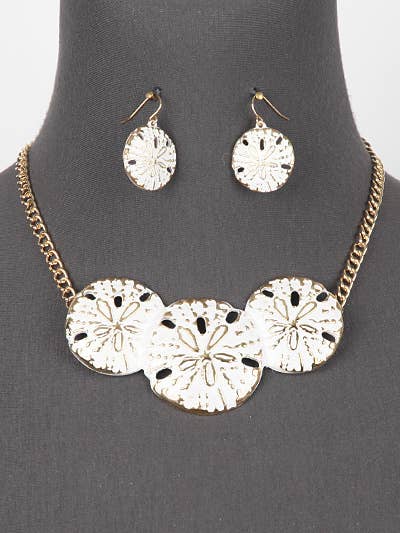 Gold White Sand Dollar Metal Necklace Set