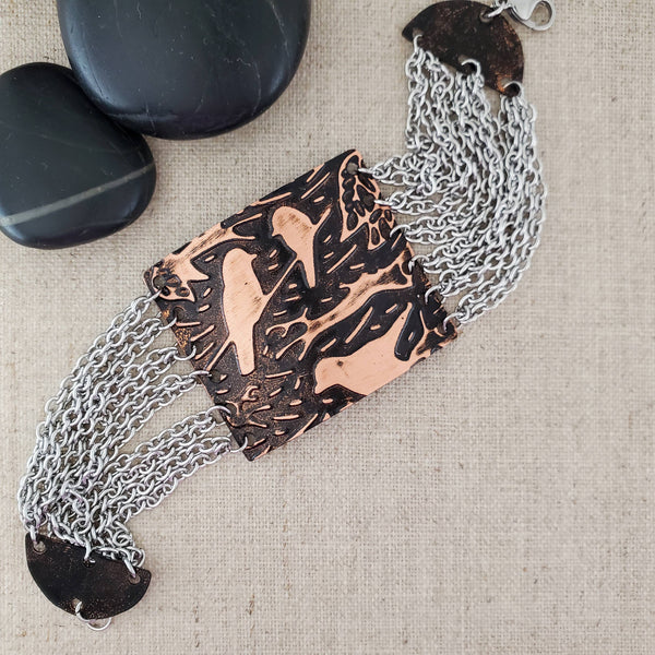 Embossed Bird Paint Patina Multi Chain Copper Bracelet: Navy
