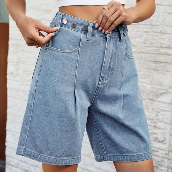 Denim High Waist Button Detail Shorts: Blue / S