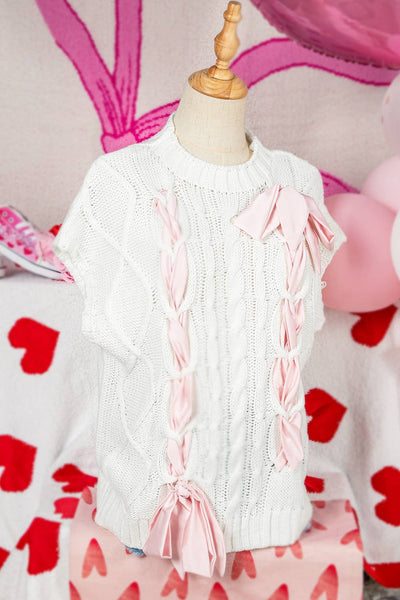 Fashion-W Cable Knit Satin Bowknot Short Sleeve Sweater: Brown / Missy / M