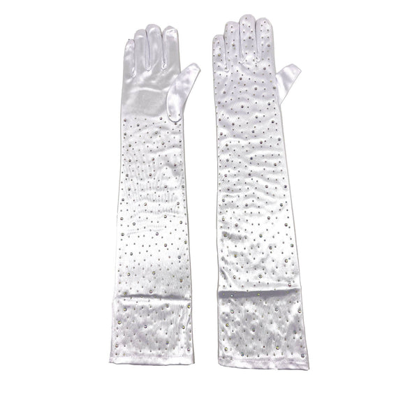 Solid Satin Rhinestone Over Elbow Length Gloves: Black